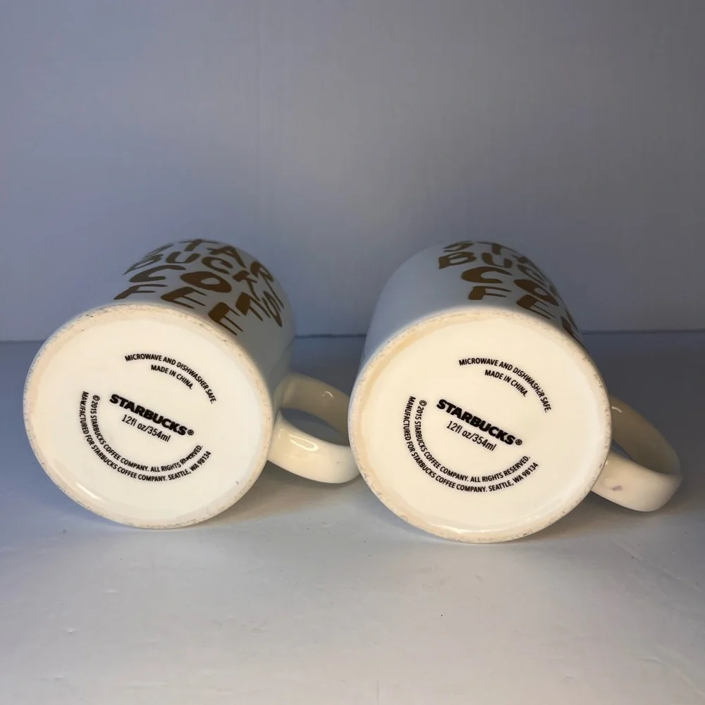 Starbucks‎ Coffee Mugs 12oz 2015 White Gold Graffiti Lettering SET OF 2 Giftable